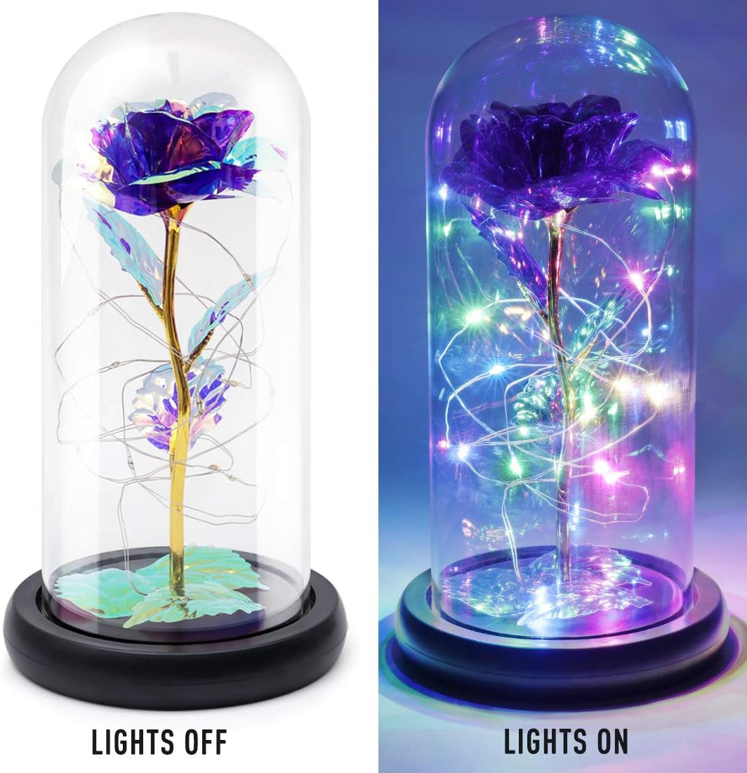 Beauty and the Beast Rose Gift Enchanted Colorful Led Galaxy Crystal Rose Flower Light in Glass Dome, Unique Gifts for Her, Women, Valentine'S Day, Mom, Mother'S Day, Birthday, Christmas