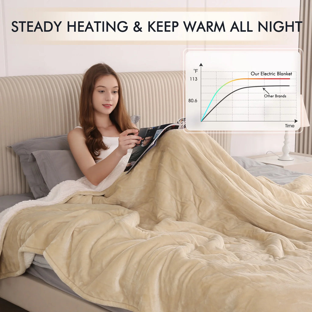 Heated Blanket Queen Size 84''X90'', Fast Heating with Dual Controllers Electric Blanket, 10 Heating Levels, 10H Timer, Preheat Function - Beige