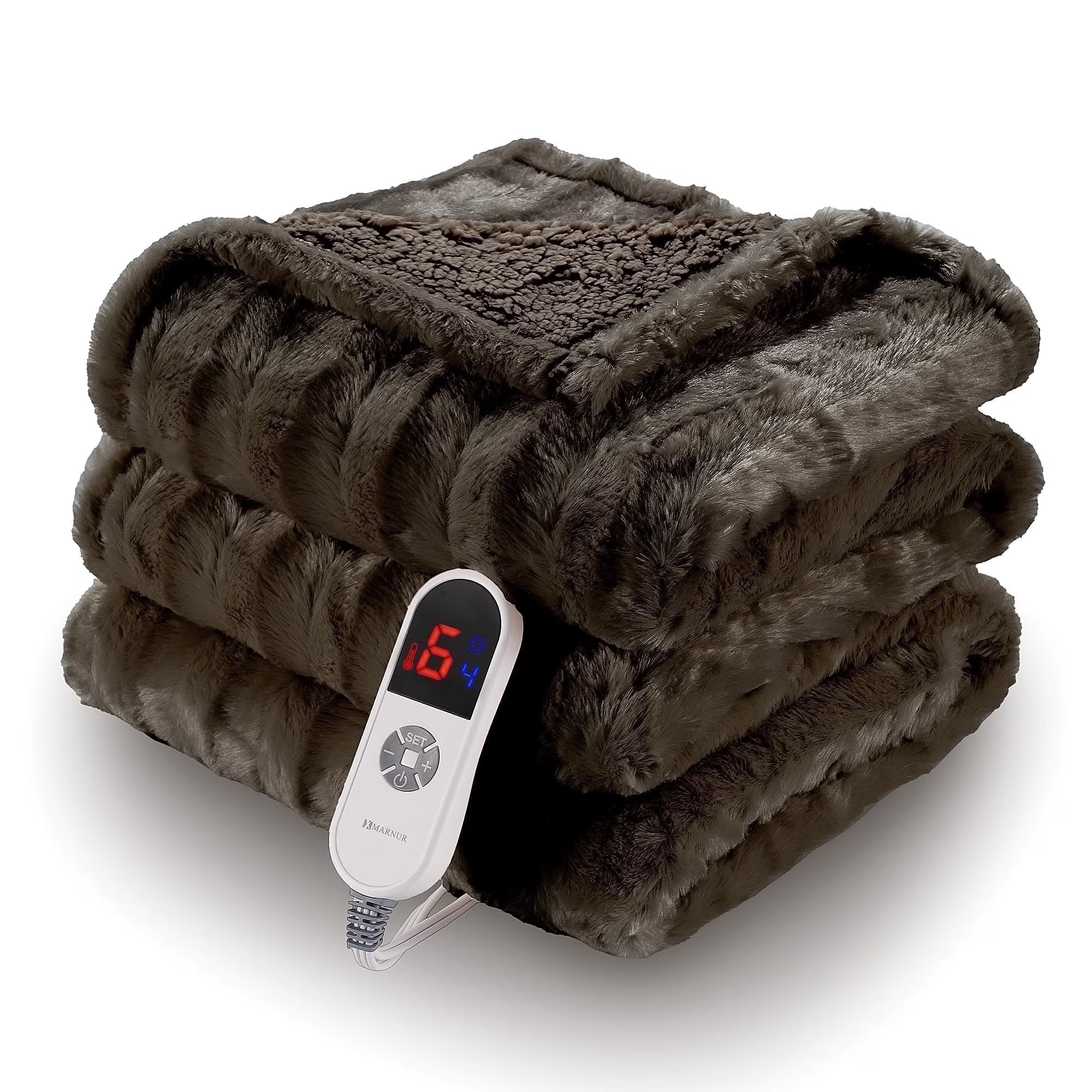 Electric Throw Blanket Extra Large Size, 50" X 72" Soft Faux Fur Heated Throw Blanket, 6 Heating Levels, 4 Hours Timer - Brown