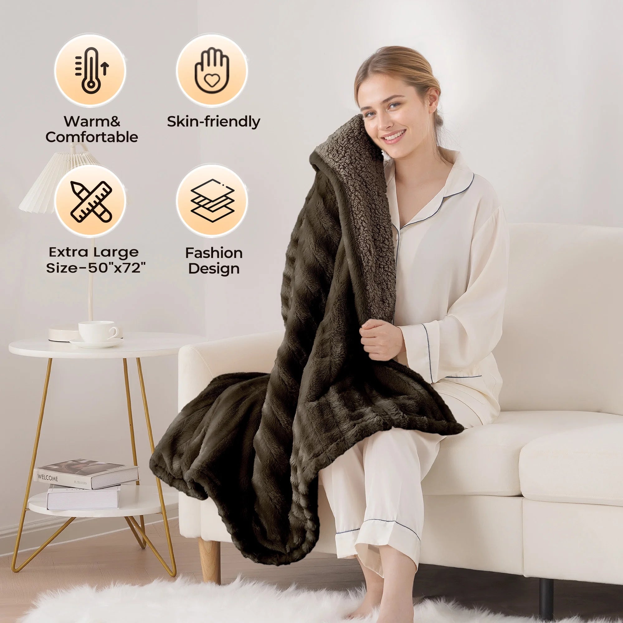 Electric Throw Blanket Extra Large Size, 50" X 72" Soft Faux Fur Heated Throw Blanket, 6 Heating Levels, 4 Hours Timer - Brown