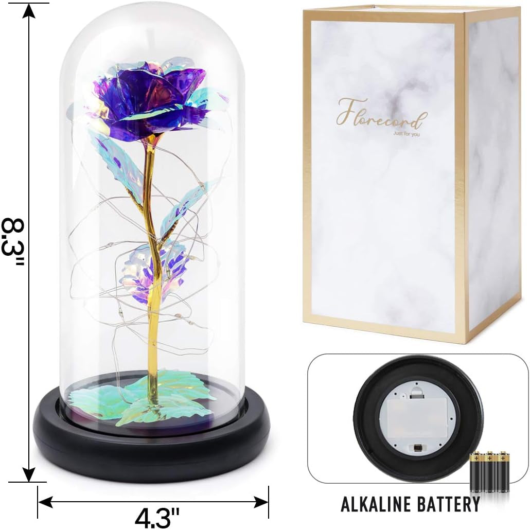 Beauty and the Beast Rose Gift Enchanted Colorful Led Galaxy Crystal Rose Flower Light in Glass Dome, Unique Gifts for Her, Women, Valentine'S Day, Mom, Mother'S Day, Birthday, Christmas