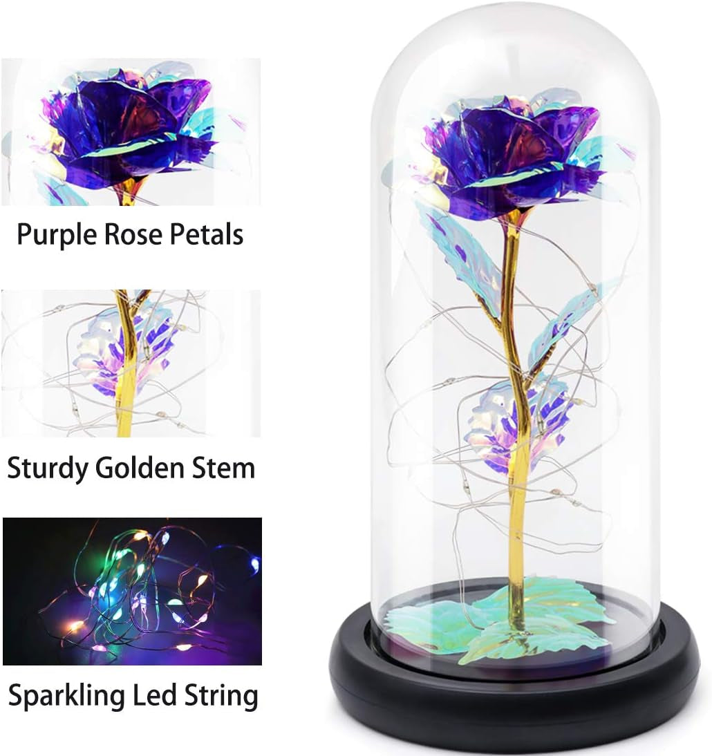 Beauty and the Beast Rose Gift Enchanted Colorful Led Galaxy Crystal Rose Flower Light in Glass Dome, Unique Gifts for Her, Women, Valentine'S Day, Mom, Mother'S Day, Birthday, Christmas