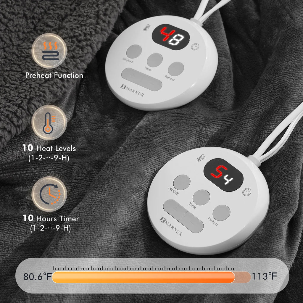 Heated Blanket Queen Size 84''X90'', Fast Heating with Dual Controllers Electric Blanket, 10 Heating Levels, 10H Timer, Preheat Function - Gray