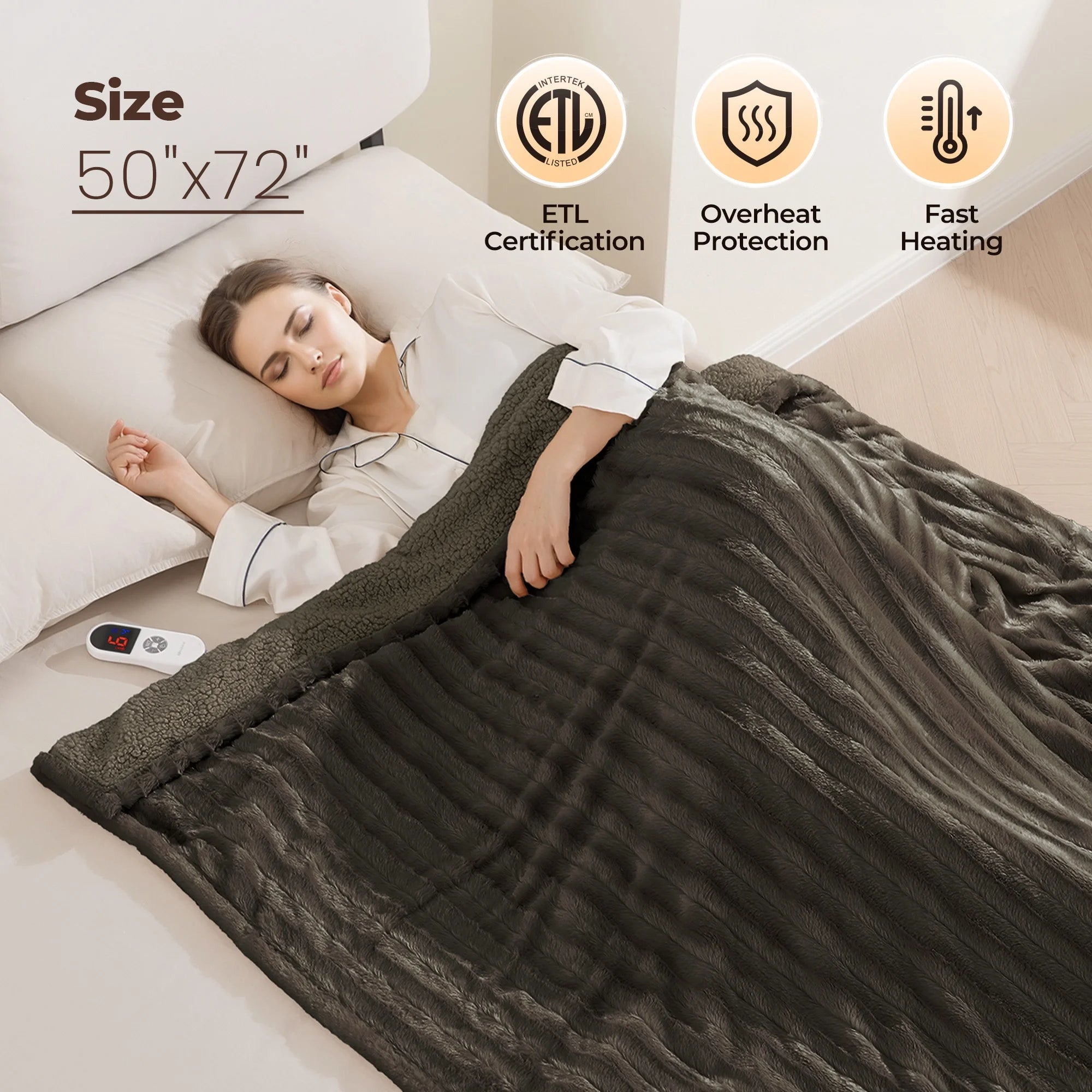 Electric Throw Blanket Extra Large Size, 50" X 72" Soft Faux Fur Heated Throw Blanket, 6 Heating Levels, 4 Hours Timer - Brown
